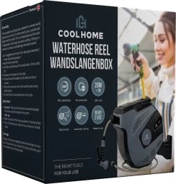 CoolHome - Wandslangenbox 20 Meter + 2 Meter - Tuinslang Met Haspel- Slangenhouder 180° Draaibaar - Tuinslanghaspel Zwart - Grijs -Tuin & Buiten Korting Winkel 1146x1200