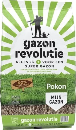 Pokon Gazon Revolutie - 12,5kg - Gazonmest / Graszaad / Bodemverbeteraar - Geschikt Voor 250m² - Binnen 15 Dagen Resultaat -Tuin & Buiten Korting Winkel 702x1200